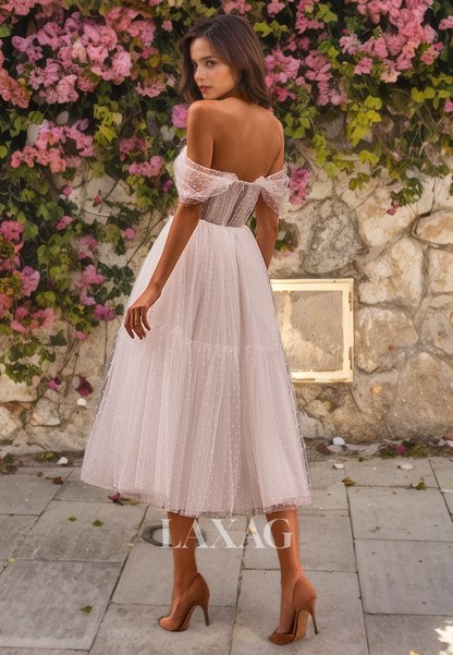 A-Line Sweetheart Off Shoulder Tulle Glitter Elegant Wedding Dress