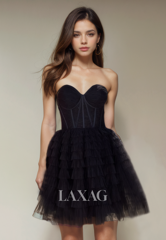 A-Line Sweetheart Strapless Tulle Tiered Elegant Party Homecoming Dress