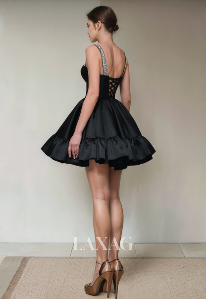 A-Line Sweetheart Straps Beaded Sleek Satin Elegant Party Homecoming Dress