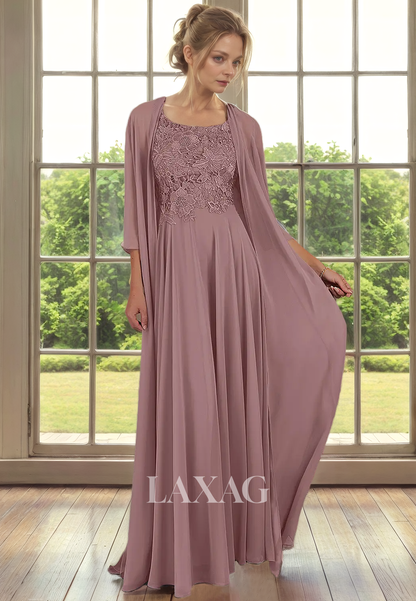 A-Line Two-Piece Suit Round Lace Appliqeus Chiffon Mother Of the Bride Dress