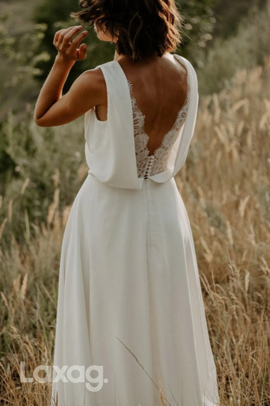 22658 - A-Line V-Neck Backless Lace Chiffon Elegant Wedding Dress