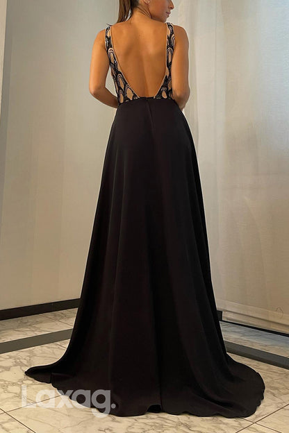 22703 - A-Line V-Neck Backless Sequins High Slit Party Prom Formal Evening Dress