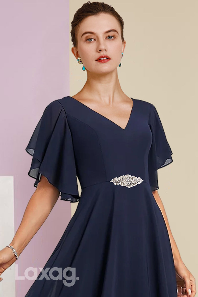 22492 - A-Line V-Neck Beaded Half Sleeves Chiffon Mother of the Bride Dress