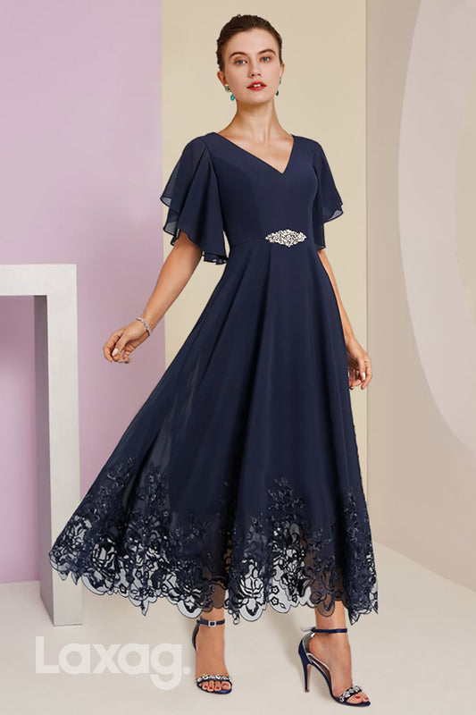 22492 - A-Line V-Neck Beaded Half Sleeves Chiffon Mother of the Bride Dress