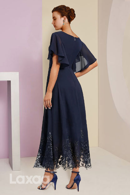 22492 - A-Line V-Neck Beaded Half Sleeves Chiffon Mother of the Bride Dress