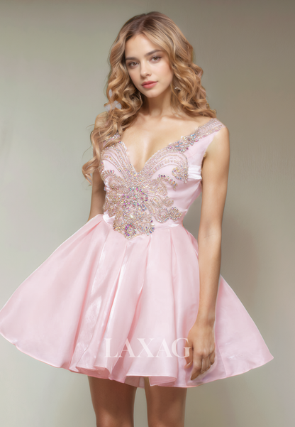 A-Line V-Neck Beaded Sleek Satin Elegant Party Homecoming Dress