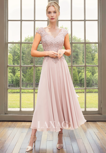 A-Line V-Neck Cap Sleeves Appliques Beaded Mother of the Bride Dress