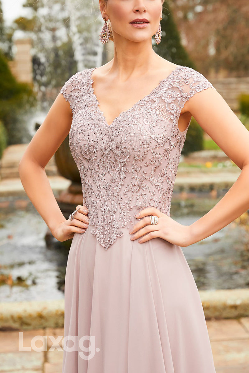 22934 - A-Line V-Neck Cap Sleeves Appliques Beaded Mother of the Bride Dress