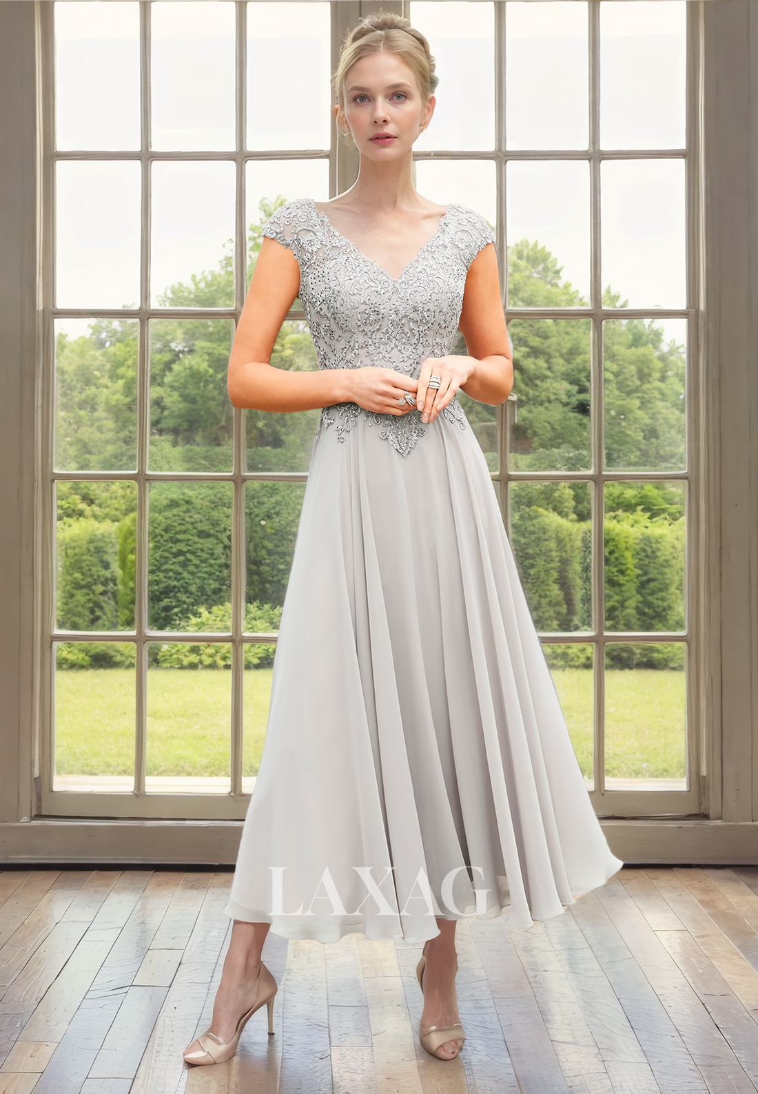 A-Line V-Neck Cap Sleeves Appliques Beaded Mother of the Bride Dress