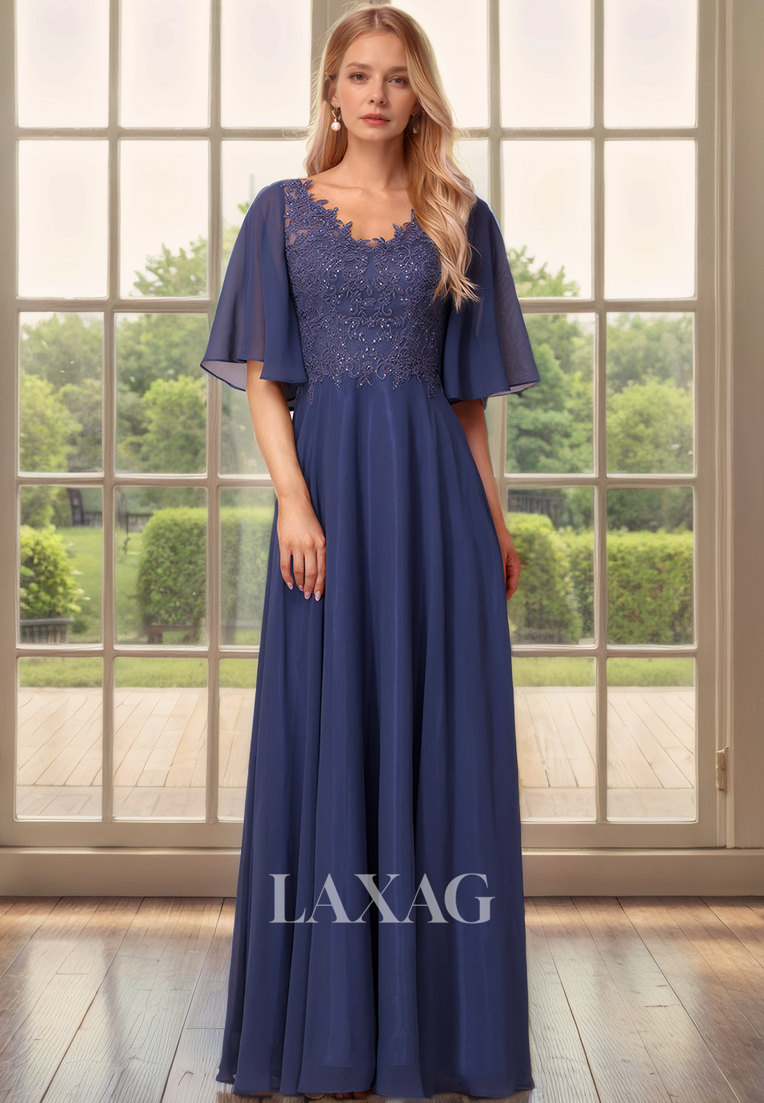 A-Line V-Neck Half Sleeves Appliqeus Chiffon Mother of the Bride Dress