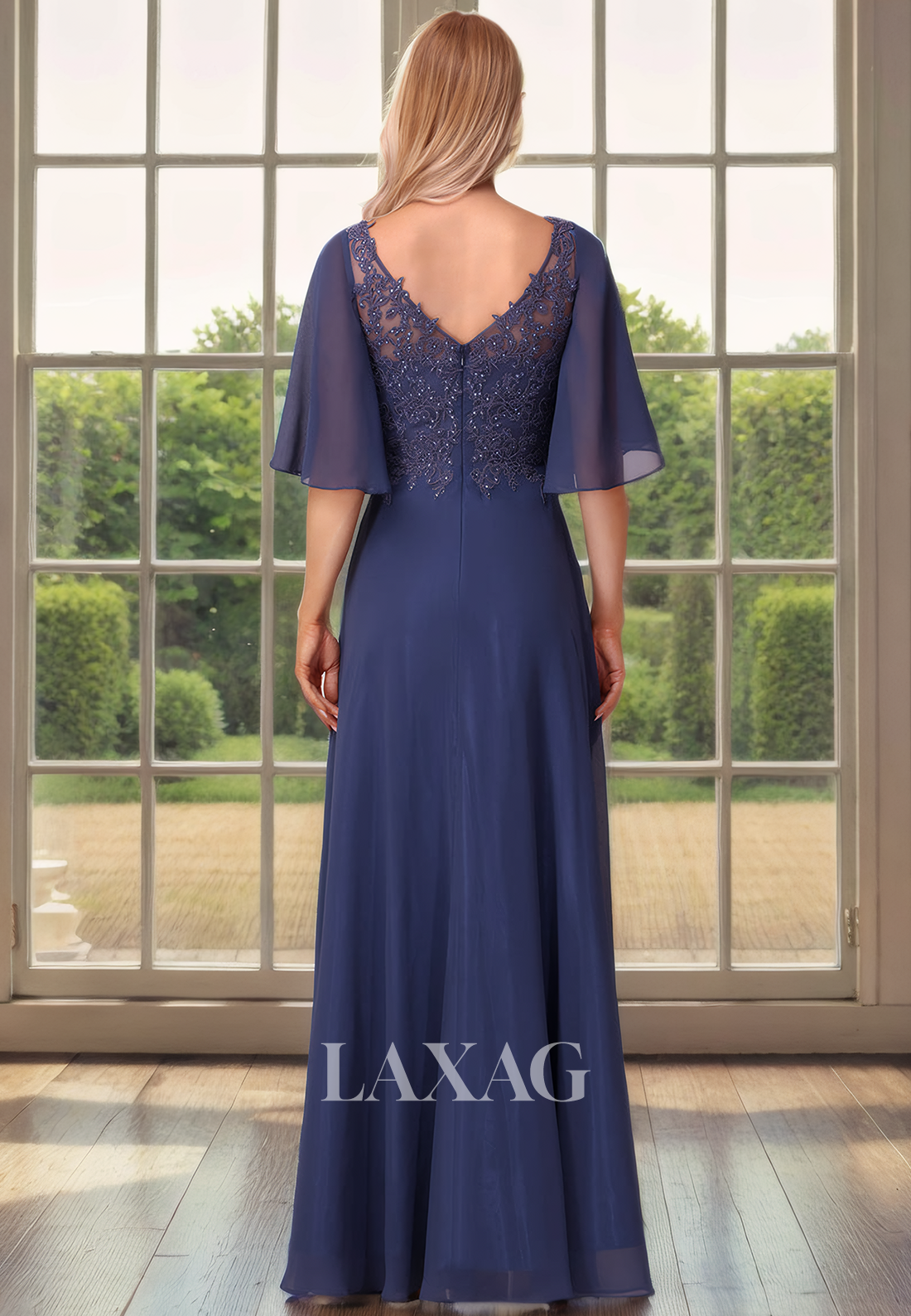 A-Line V-Neck Half Sleeves Appliqeus Chiffon Mother of the Bride Dress