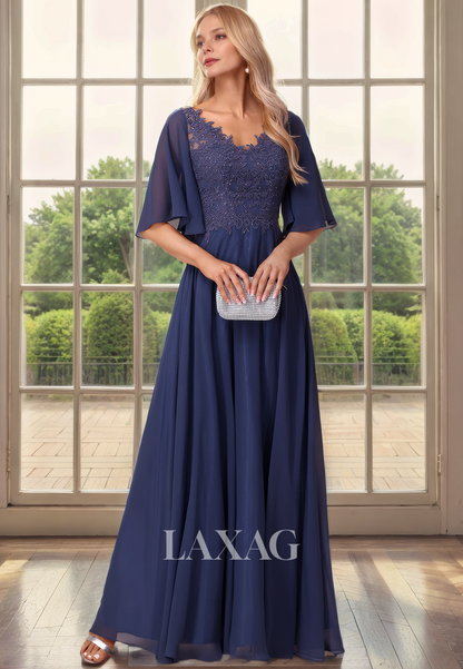 A-Line V-Neck Half Sleeves Appliqeus Chiffon Mother of the Bride Dress