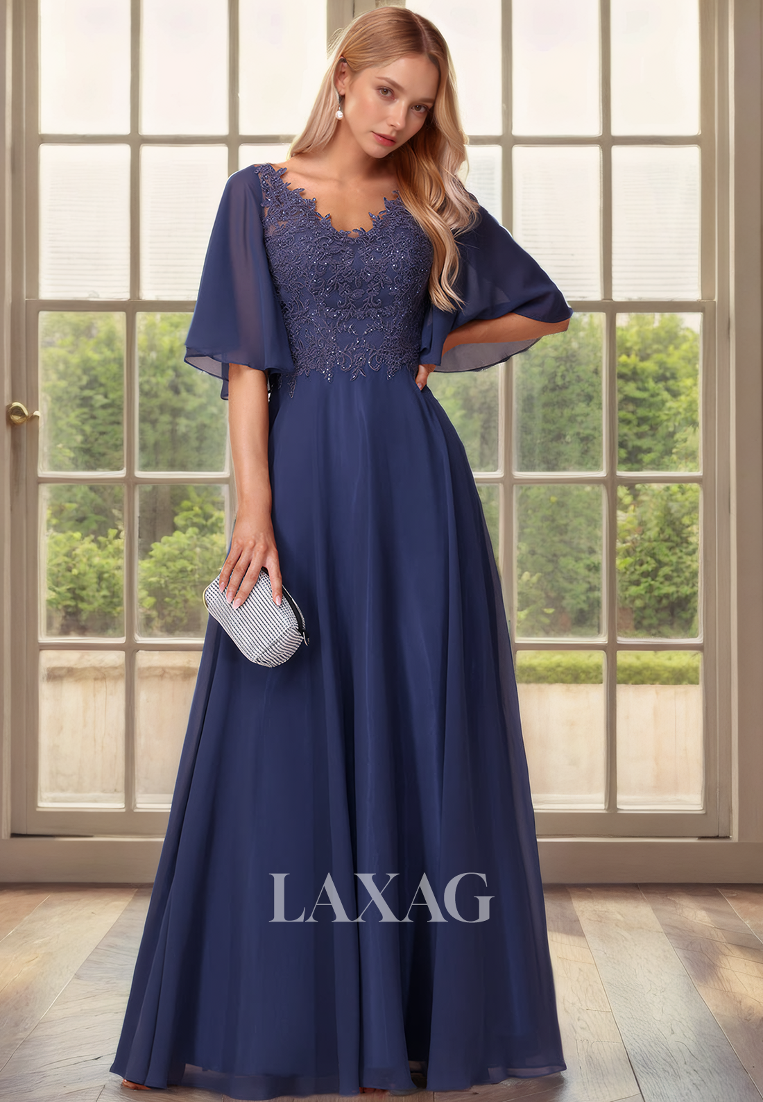 A-Line V-Neck Half Sleeves Appliqeus Chiffon Mother of the Bride Dress