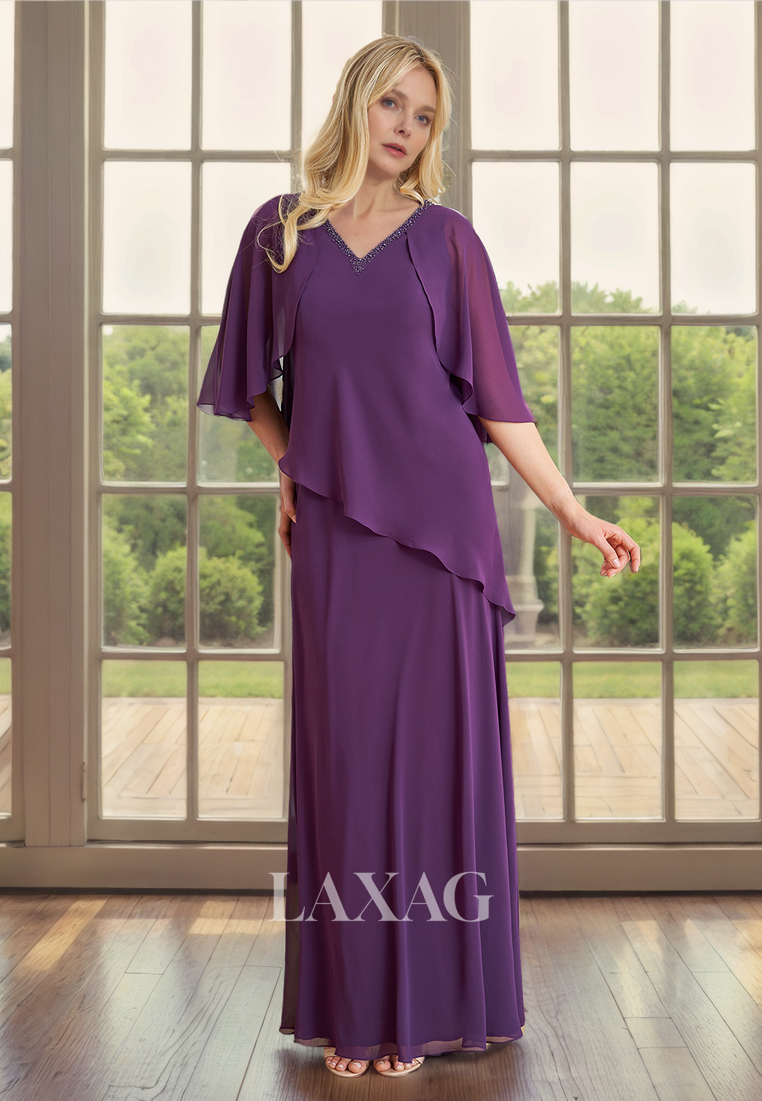 A-Line V-Neck Half Sleeves Beaded Chiffon Mother of the Bride Dress