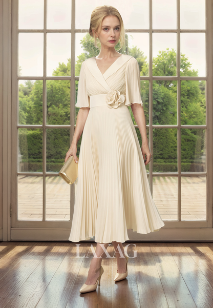 A-Line V-Neck Half Sleeves Chiffon Elegant Mother of the Bride Dress