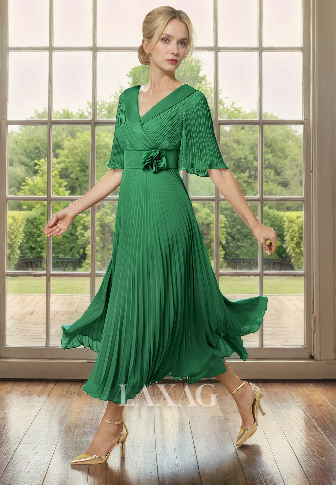 A-Line V-Neck Half Sleeves Chiffon Elegant Mother of the Bride Dress