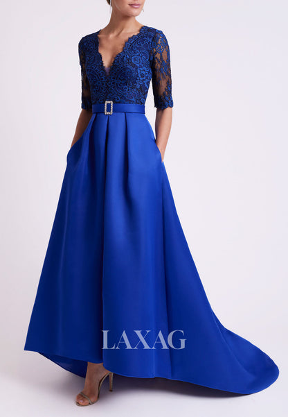 23104 - A-Line V-Neck Half Sleeves Lace Sleek Satin Cocktail Party Formal Evening Dress