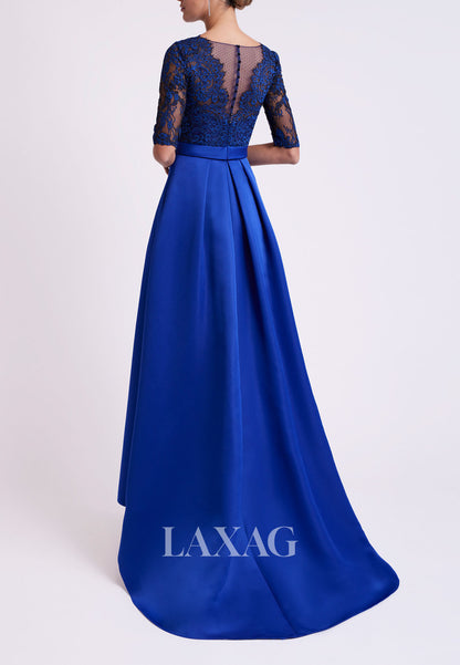 23104 - A-Line V-Neck Half Sleeves Lace Sleek Satin Cocktail Party Formal Evening Dress