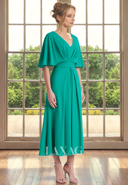 A-Line V-Neck Half Sleeves Sleek Satin Ankle-Length Mother of the Bride Dress