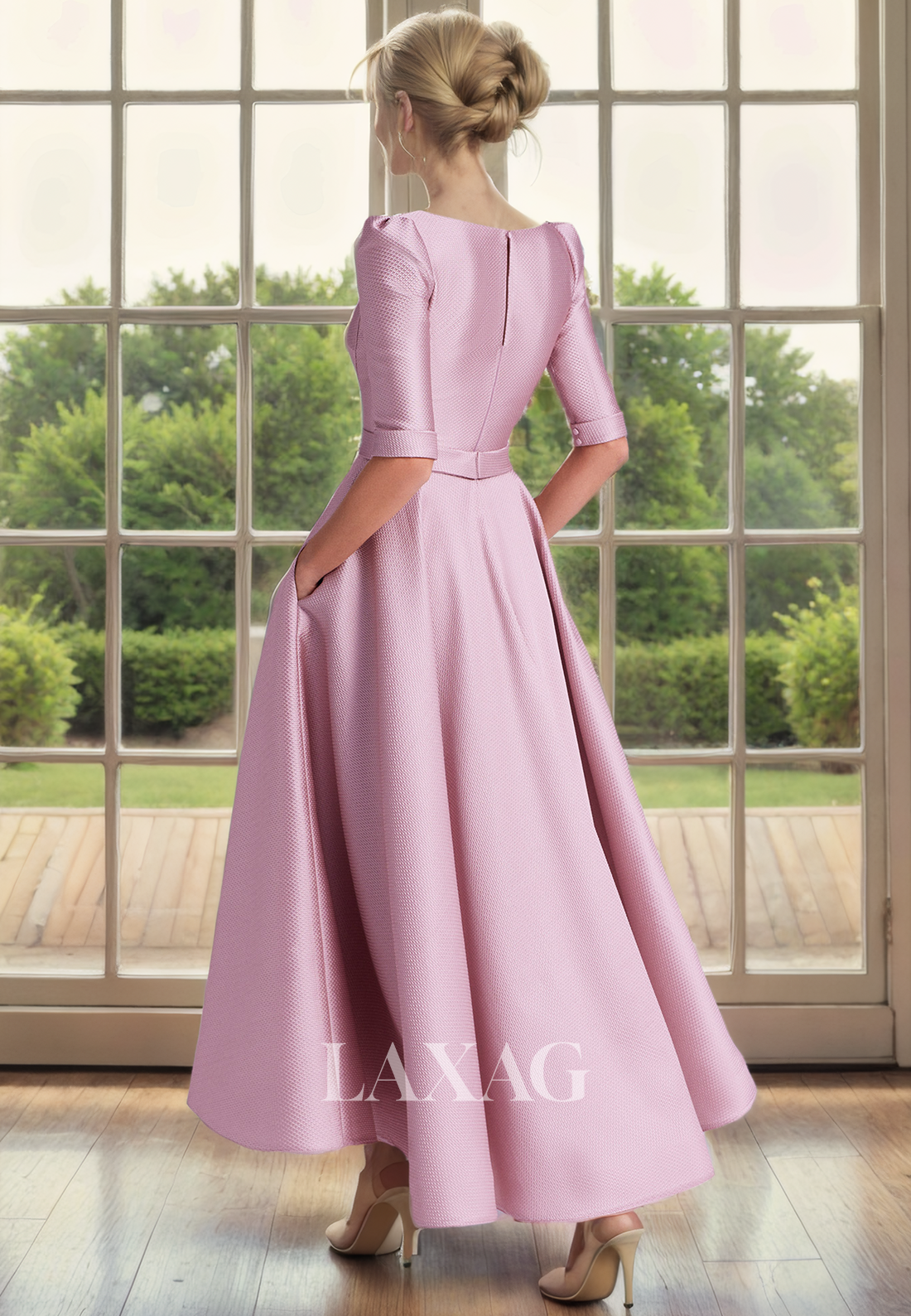 A-Line V-Neck Half Sleeves Sleek Satin Cocktail Party Formal Evening Dress