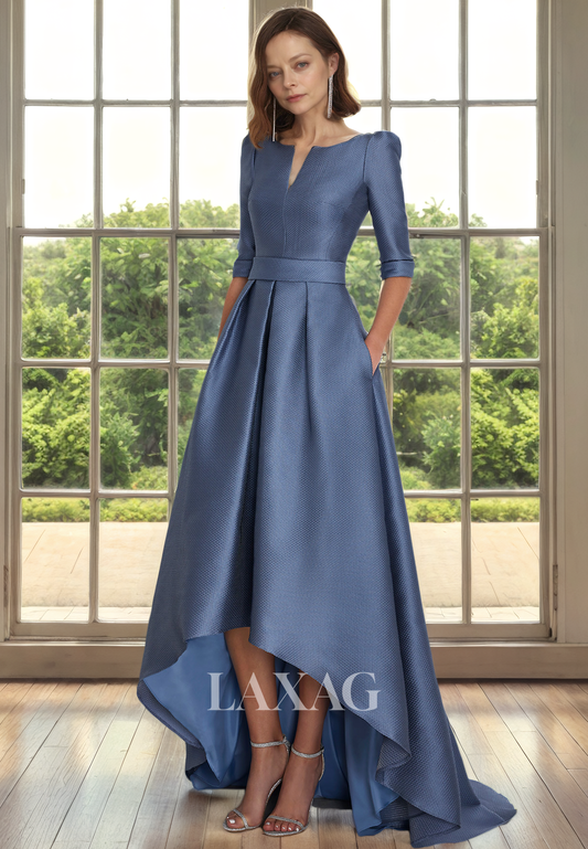 A-Line V-Neck Half Sleeves Sleek Satin Mother of the Bride Dress with Train