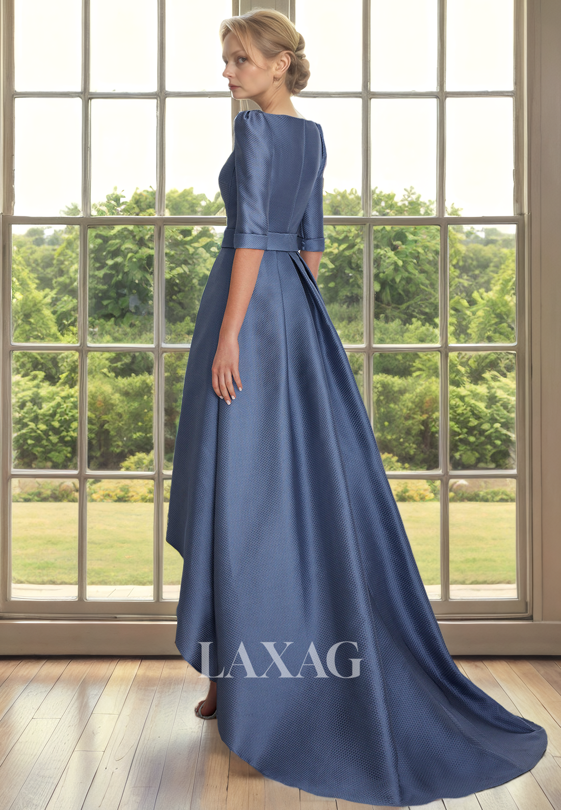 A-Line V-Neck Half Sleeves Sleek Satin Mother of the Bride Dress with Train