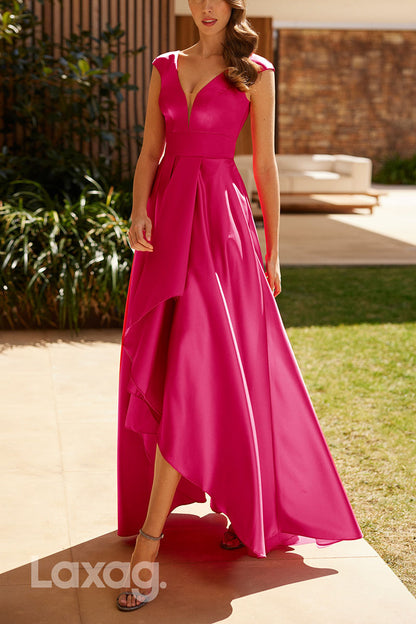 23041 - A-Line V-Neck High Low Sleek Satin Cocktail Party Formal Evening Dress