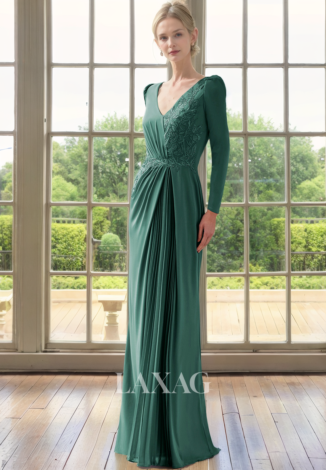 A-Line V-Neck Long Sleeves Appliques Beaded Elegant Mother of the Bride Dress