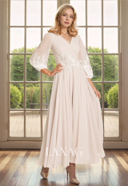 A-Line V-Neck Long Sleeves Appliques Chiffon Mother of the Bride Dress