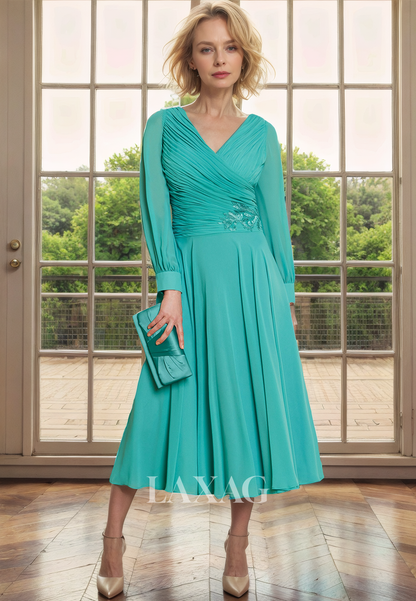 A-Line V-Neck Long Sleeves Appliques Chiffon Mother of the Bride Dress