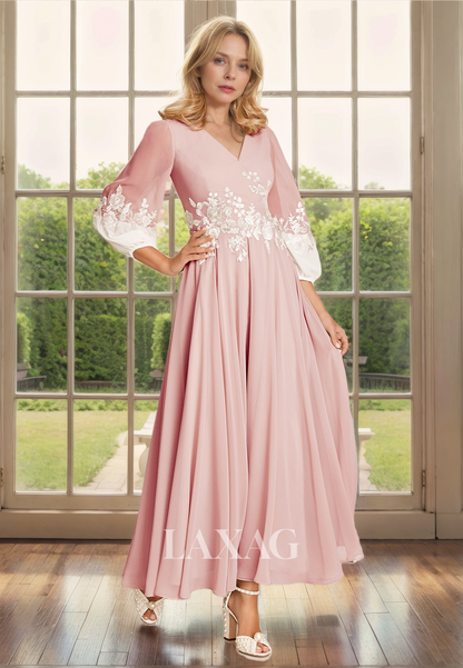 A-Line V-Neck Long Sleeves Appliques Chiffon Mother of the Bride Dress