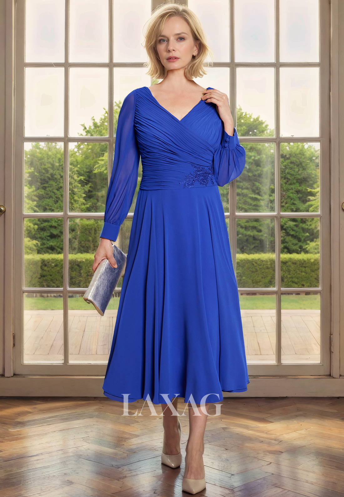 A-Line V-Neck Long Sleeves Appliques Chiffon Mother of the Bride Dress