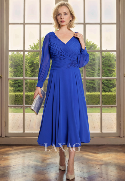 A-Line V-Neck Long Sleeves Appliques Chiffon Mother of the Bride Dress