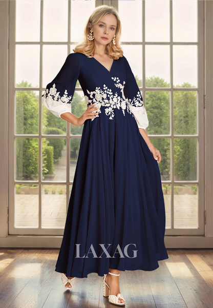 A-Line V-Neck Long Sleeves Appliques Chiffon Mother of the Bride Dress