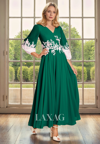 A-Line V-Neck Long Sleeves Appliques Chiffon Mother of the Bride Dress