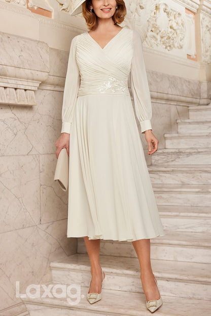 22685 - A-Line Round Quarter Sleeves Appliques Beaded Belt Mother of the Bride Dress