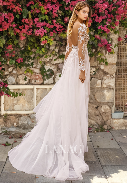 A-Line V-Neck Long Sleeves Backless Sequins Tulle High Slit Wedding Dress with Train