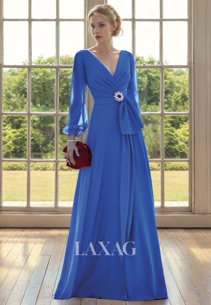 A-Line V-Neck Long Sleeves Beaded Elegant Mother of the Bride Dress