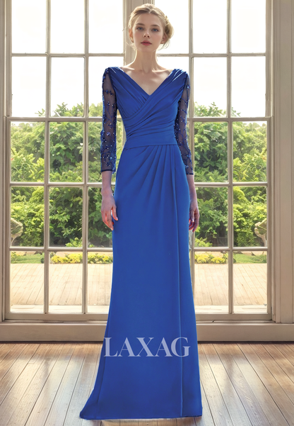 A-Line V-Neck Long Sleeves Beaded Tulle Elegant Mother of the Bride Dress