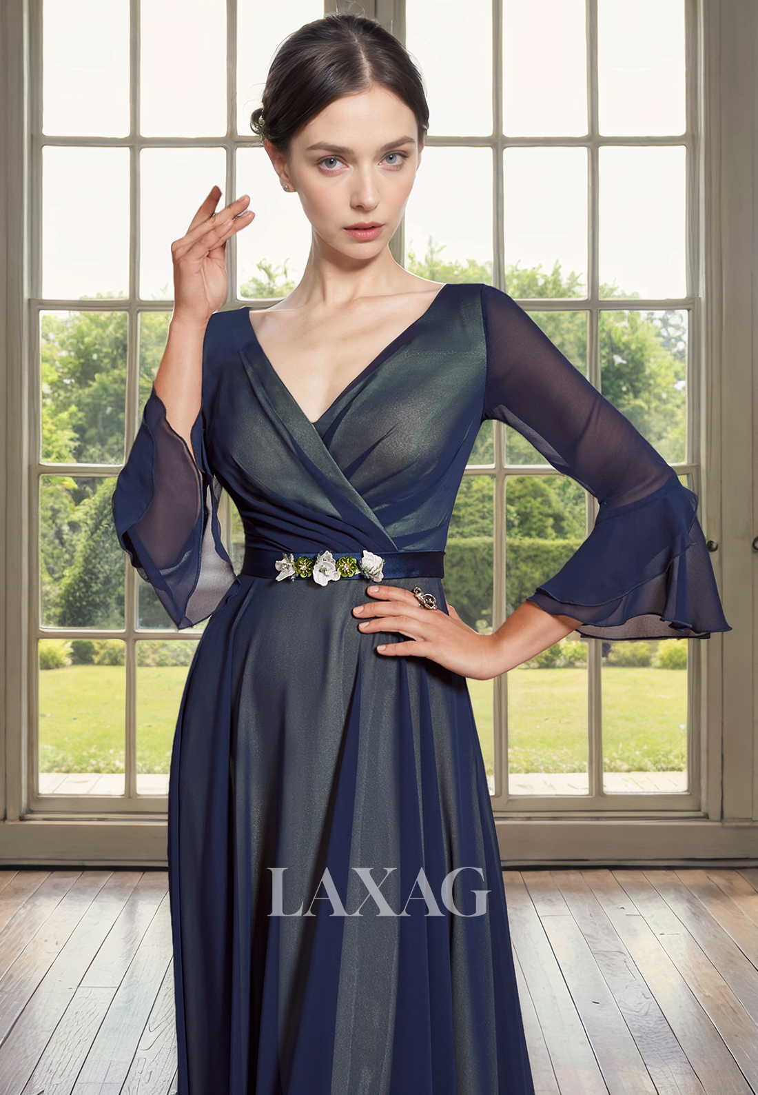 A-Line V-Neck Long Sleeves Beaded Tulle Sleek Satin Mother of the Bride Dress