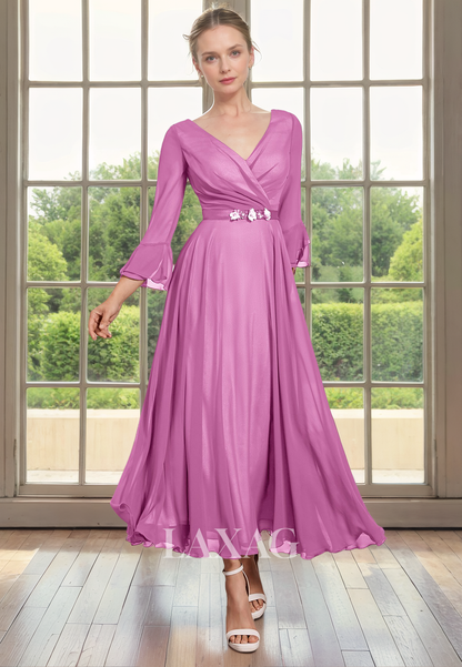 A-Line V-Neck Long Sleeves Beaded Tulle Sleek Satin Mother of the Bride Dress