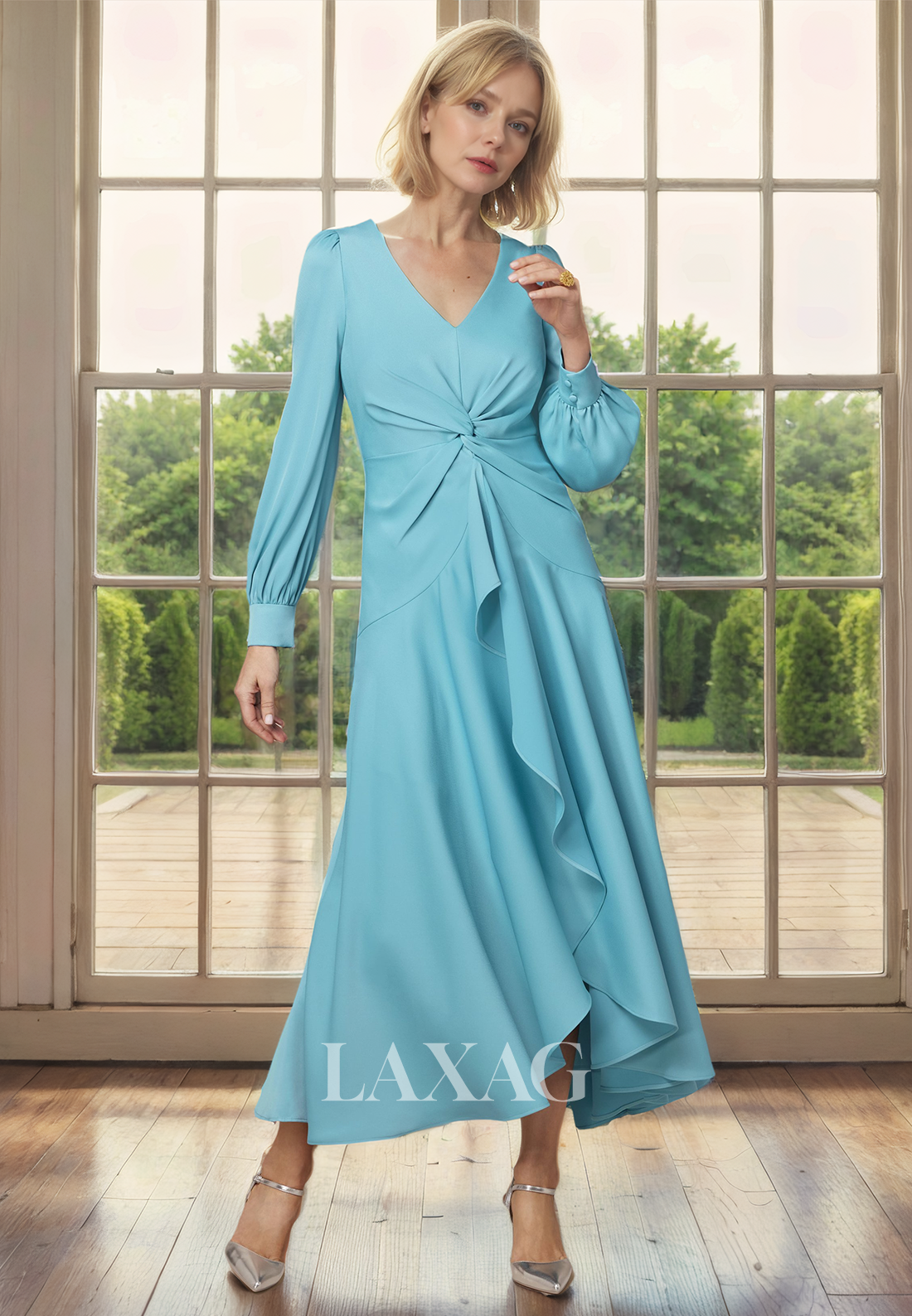 A-Line V-Neck Long Sleeves Chiffon Elegant Mother of the Bride Dress