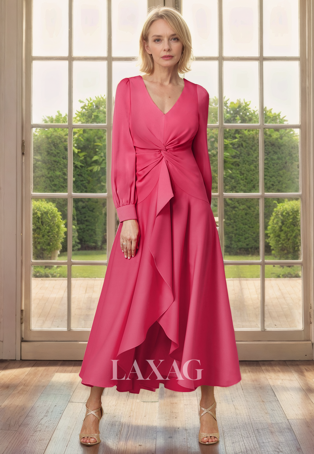 A-Line V-Neck Long Sleeves Chiffon Elegant Mother of the Bride Dress