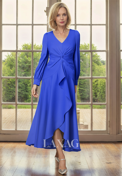 A-Line V-Neck Long Sleeves Chiffon Elegant Mother of the Bride Dress