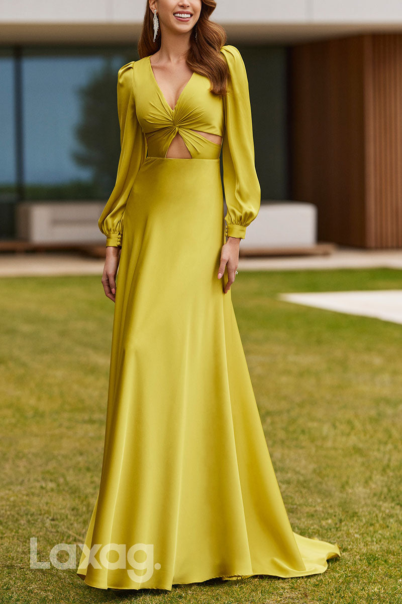 23073 - A-Line V-Neck Long Sleeves Cutout Cocktail Party Formal Evening Dress with Train