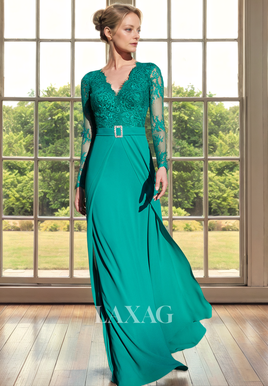 A-Line V-Neck Long Sleeves Lace Beaded Sleek Satin Mother of the Bride Dress with Train