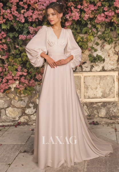 A-Line V-Neck Long Sleeves Sleek Satin Eleagant Wedding Dress with Train