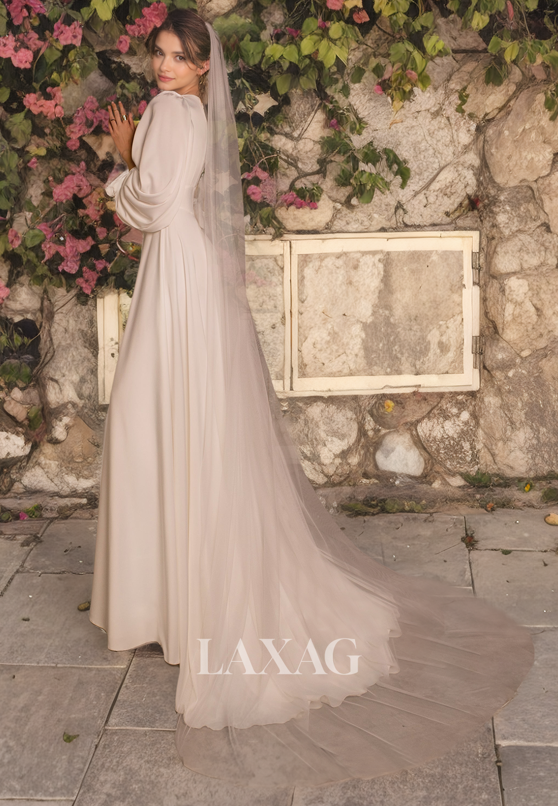 A-Line V-Neck Long Sleeves Sleek Satin Eleagant Wedding Dress with Train