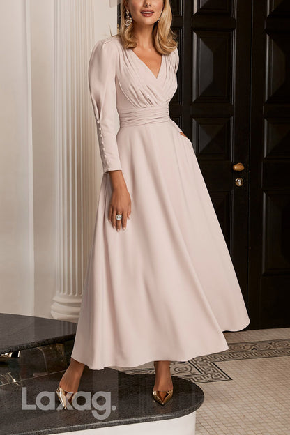 22846 - A-Line V-Neck Long Sleeves Sleek Satin Elegant Mother of the Bride Dress