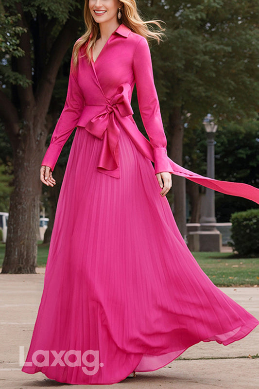 22752 - A-Line V-Neck Long Sleeves Sleek Satin Elegant Mother of the Bride Dress